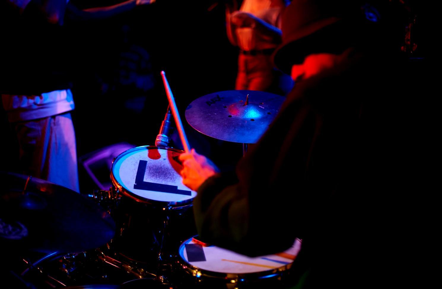 Sound creation studio with mixing equipment and creative lighting